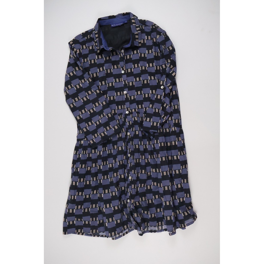 Ro's Garden Shirt Dress Geometric Block Print Navy Purple XS Cotton 2344